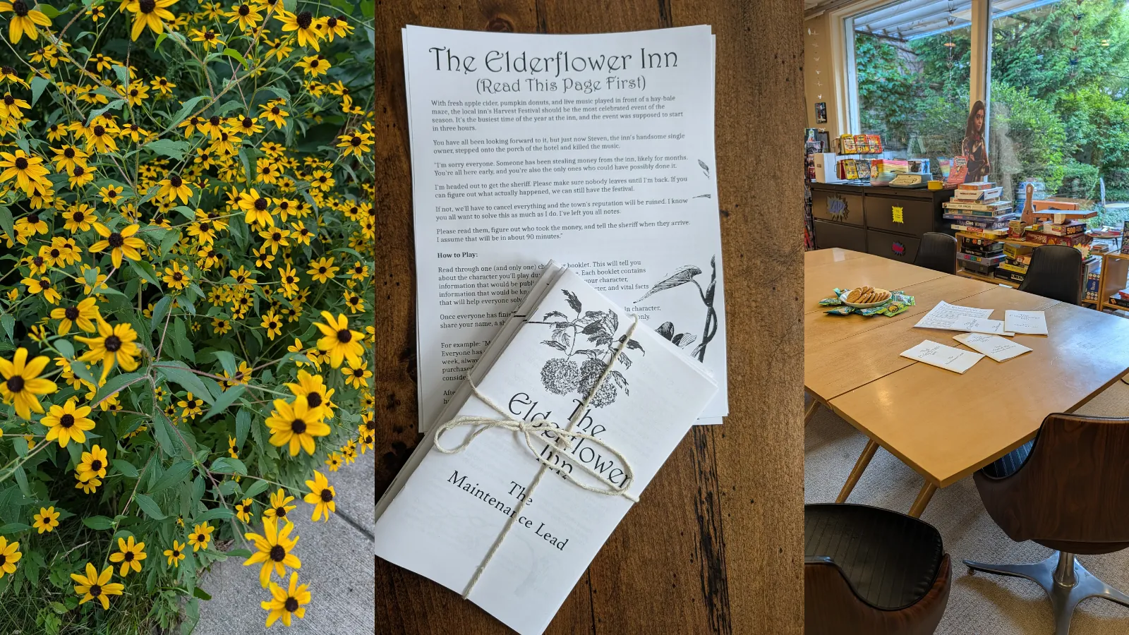 Autumnal Games represented by cut leaf coneflowers, a mystery party game, and a playtest at an independent bookstore.