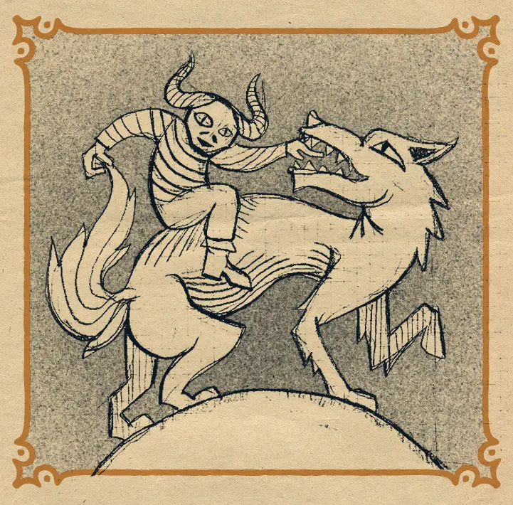 Ink illustration from Fortunes: a horned, masked rider on a wolf, by Charles Huth.